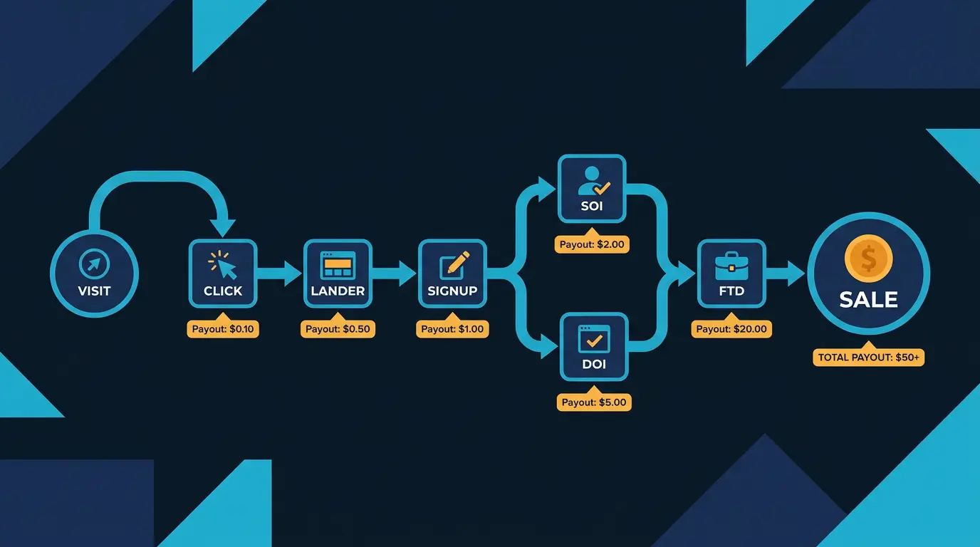 Flow map: visit -> click -> lander -> signup -> SOI -> DOI -> FTD -> sale.