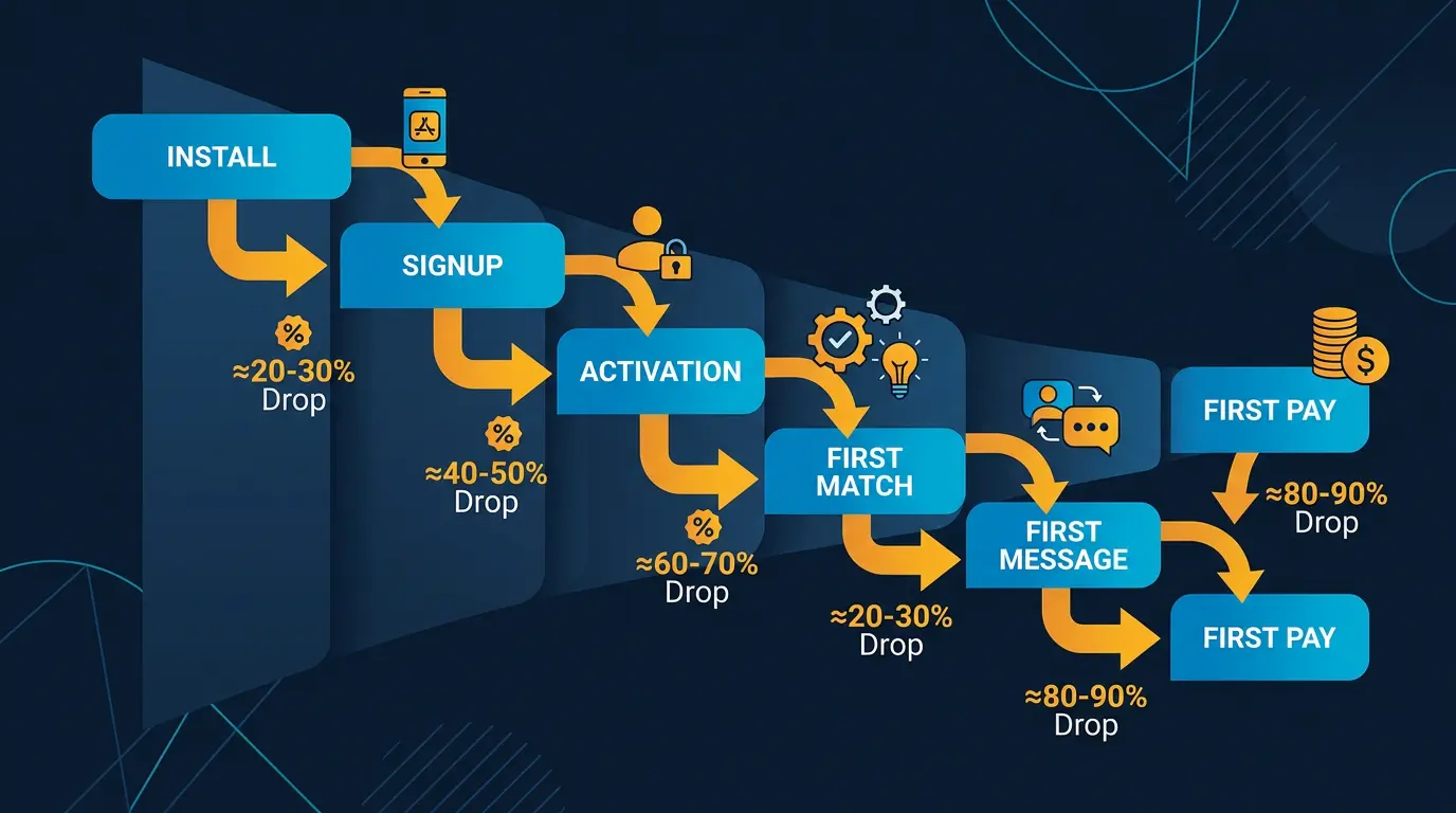 Funnel chart: install -> signup -> activation -> first match -> first message -> first pay.
