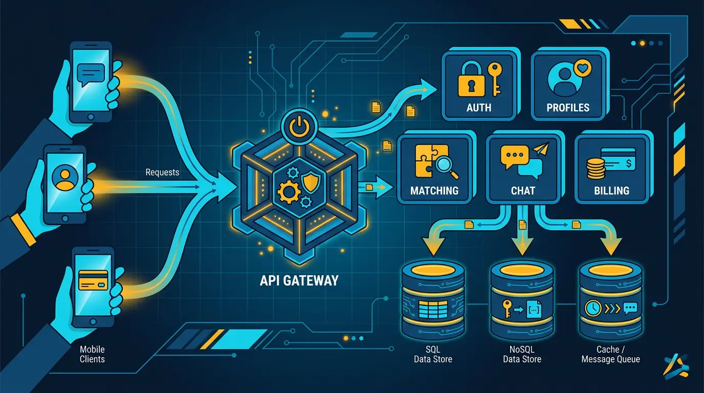 Architecture diagram showing mobile clients → API gateway → microservices (auth, profiles, matching, chat, billing) → data stores.