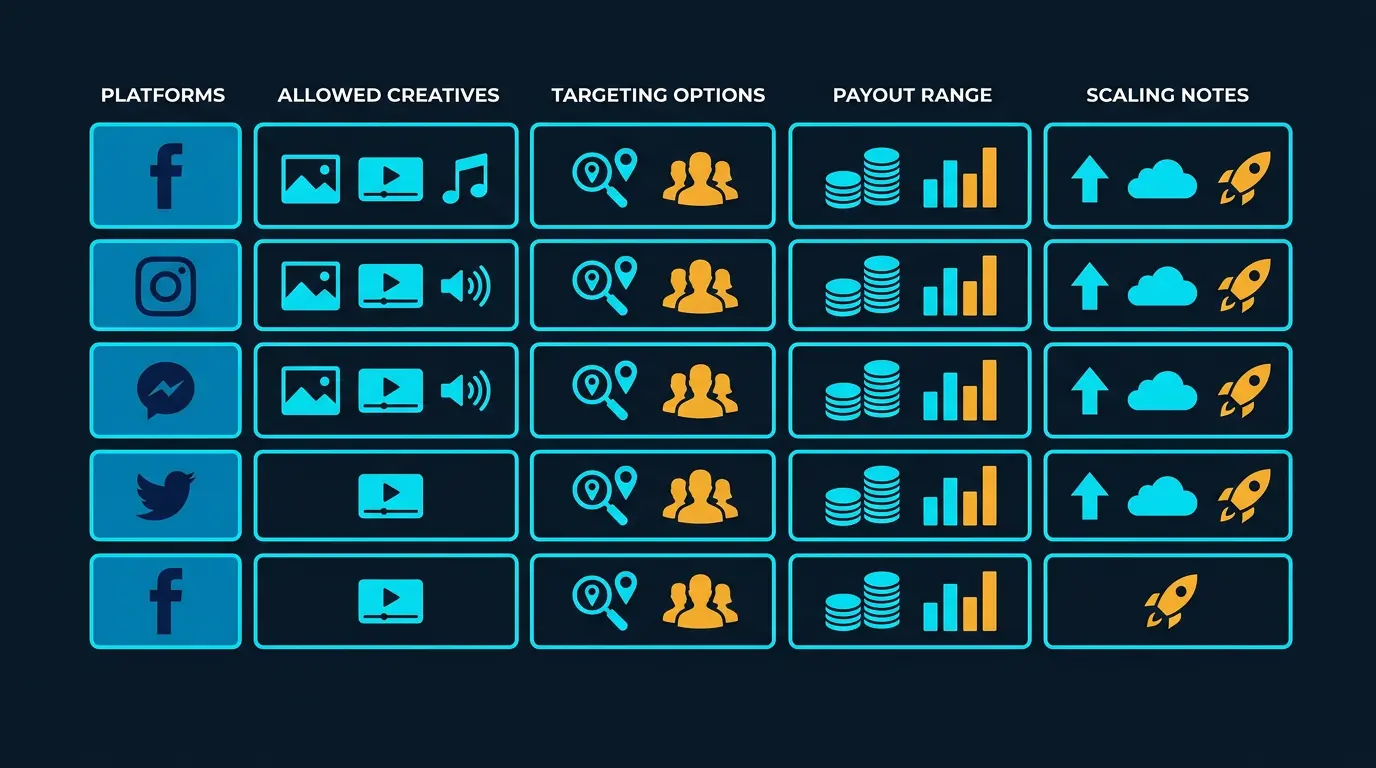 Platform matrix: rows per platform, columns allowed creatives, targeting options, payout range, scaling notes.