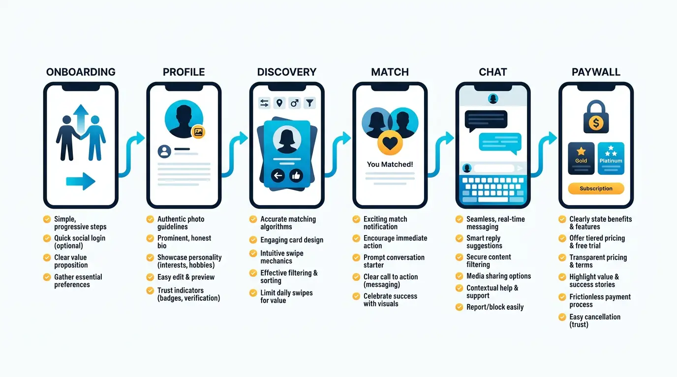 Flow diagram of the 6 core dating app screens: onboarding → profile → discovery → match → chat → paywall.