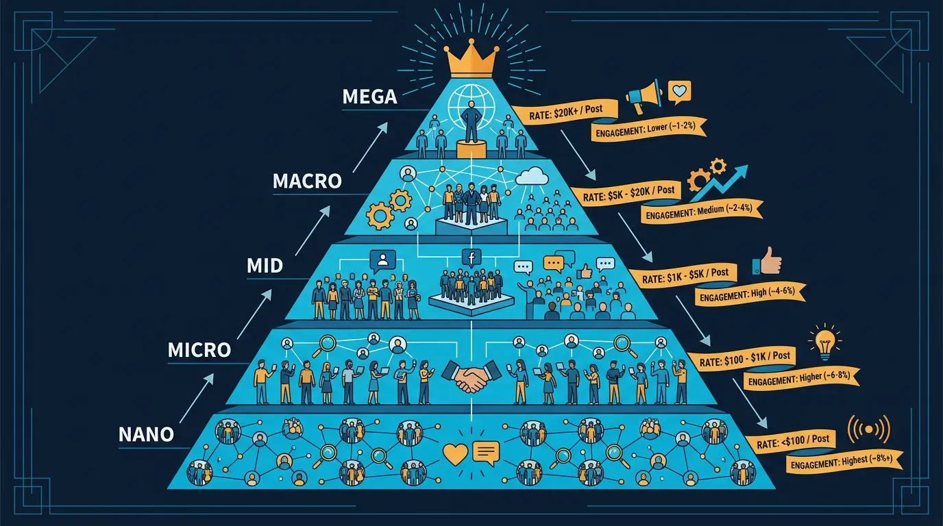 Influencer tier pyramid: nano, micro, mid, macro, mega.