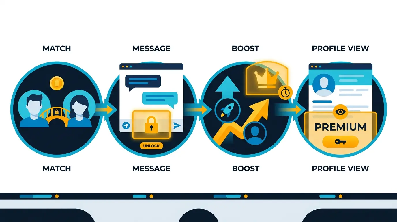 Paywall placement map across user journey: match, message, boost, profile view.