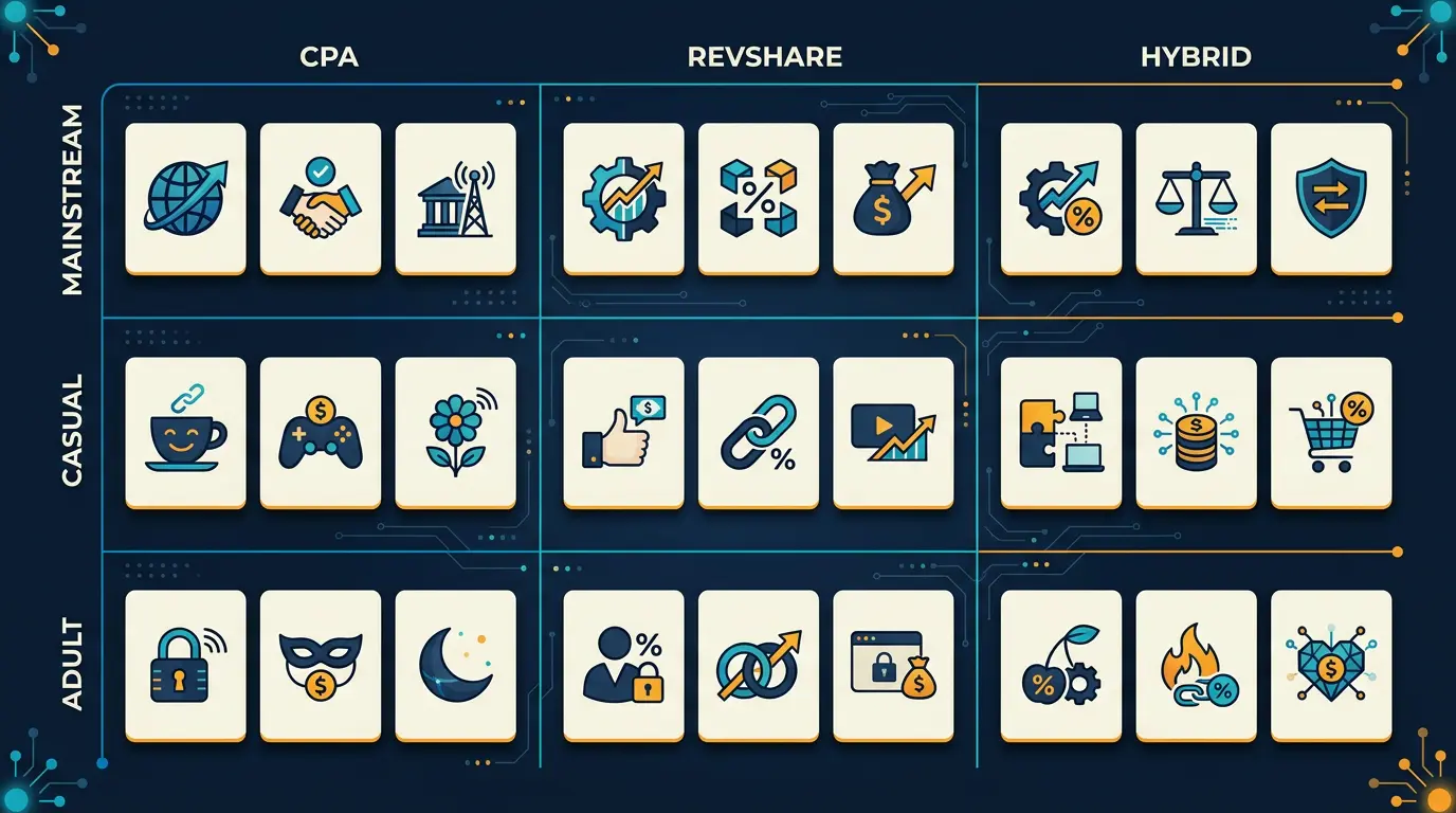 Network comparison grid: 29 logos organised into rows by vertical (mainstream, casual, adult) and columns by model (CPA, RevShare, Hybrid).