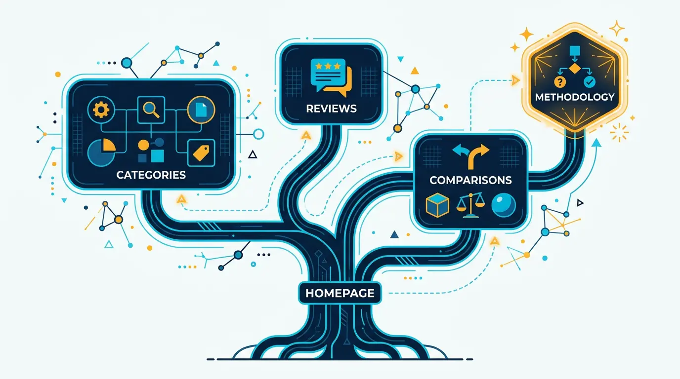 Site architecture diagram: homepage -> categories -> reviews -> comparisons -> methodology.