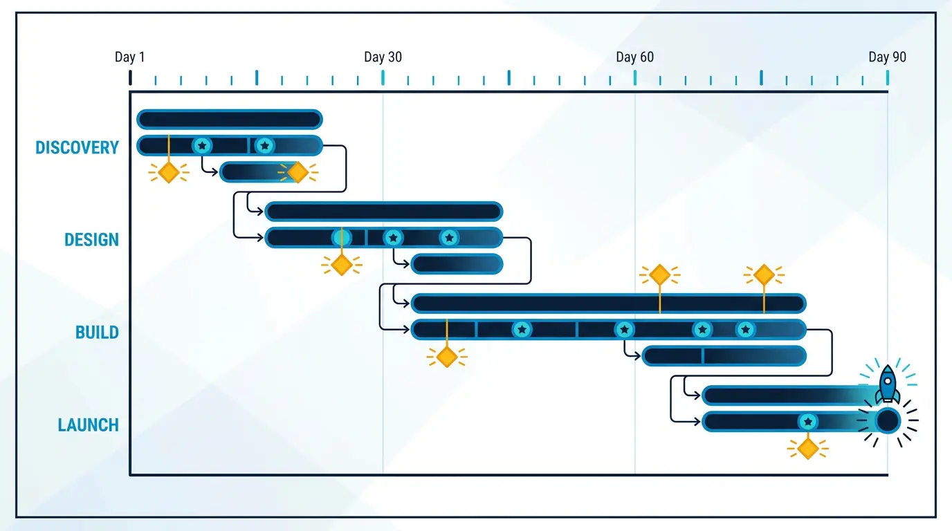 90 day Gantt chart broken into four phases: discovery, design, build, launch.