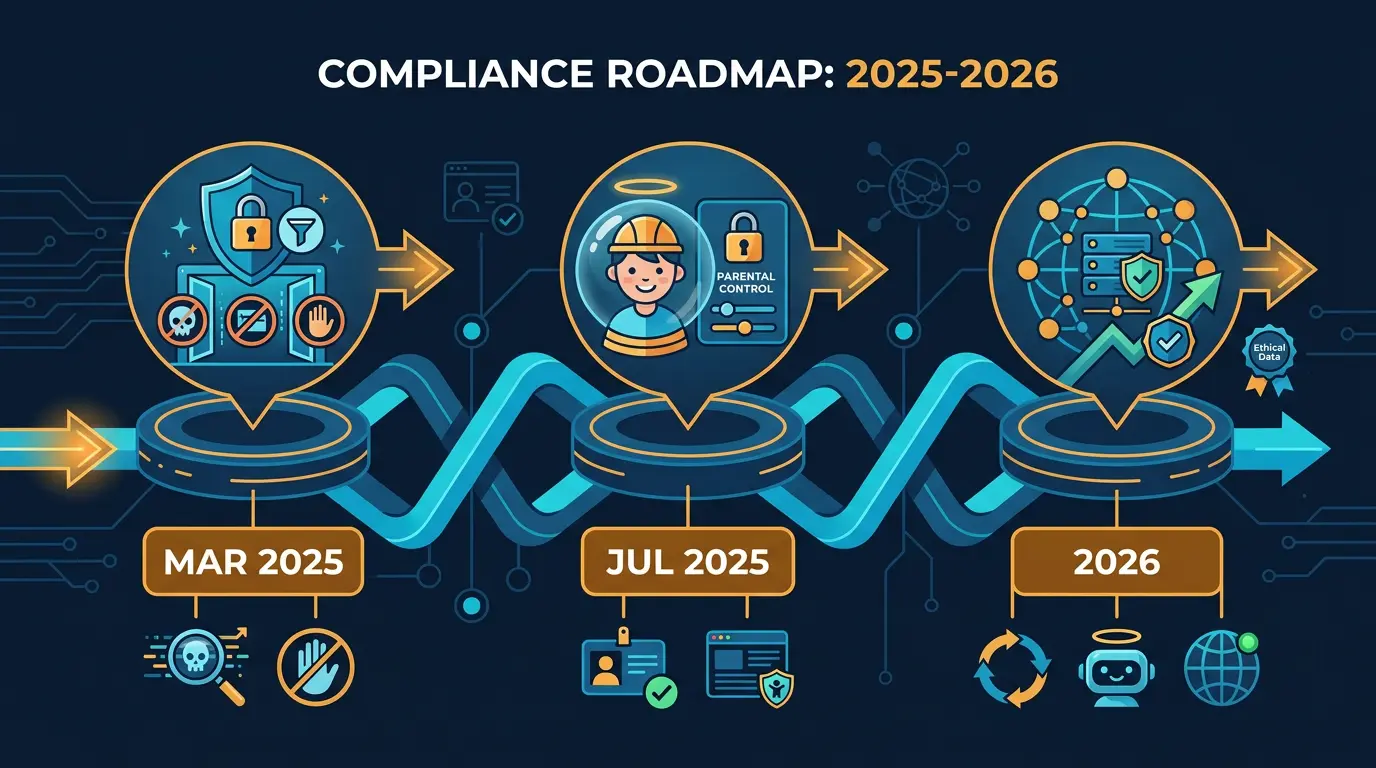 Compliance roadmap with key 2025/2026 dates (Mar 2025 illegal content duty, Jul 2025 children's access, etc.).