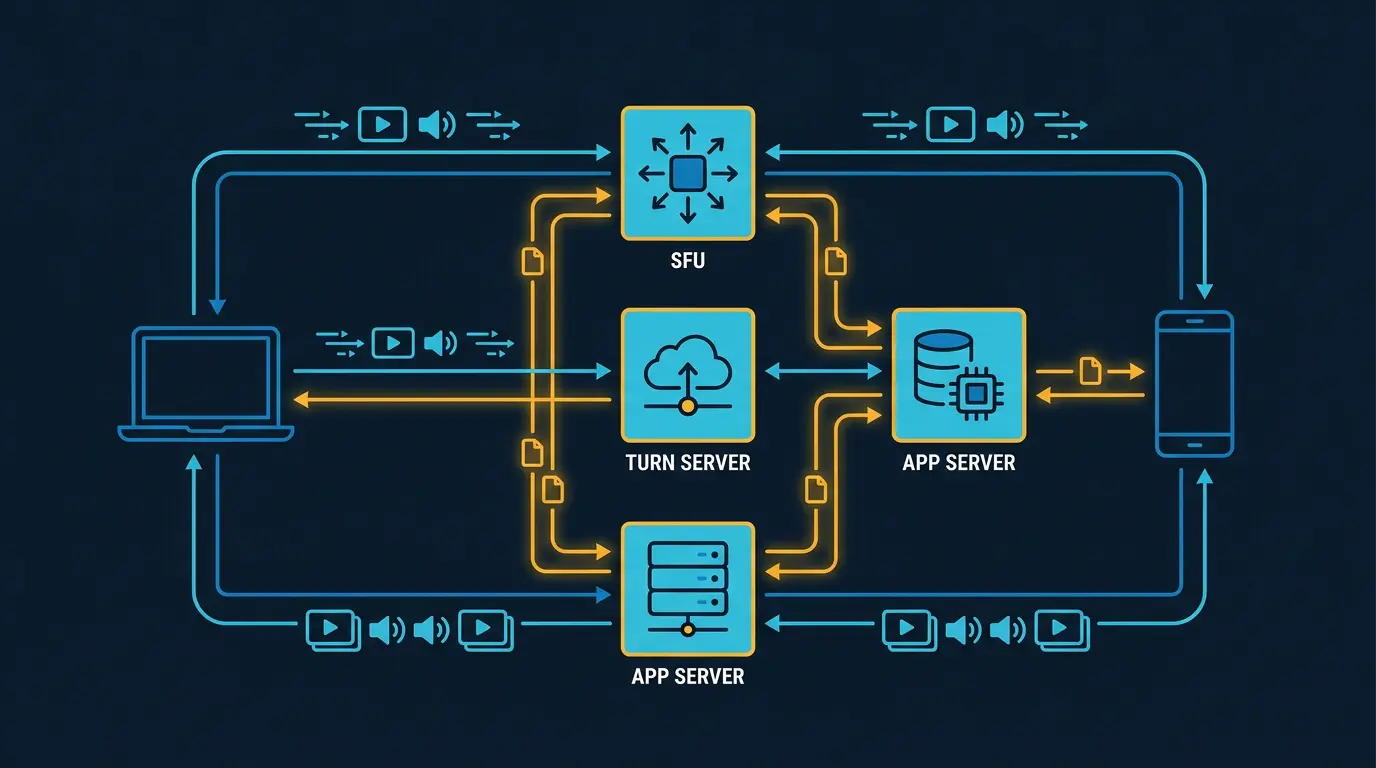 WebRTC architecture diagram showing peers, SFU, TURN server and app server.