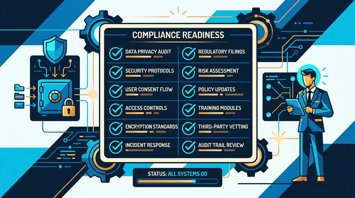Compliance checklist card: 12 items with tick boxes in cyan.
