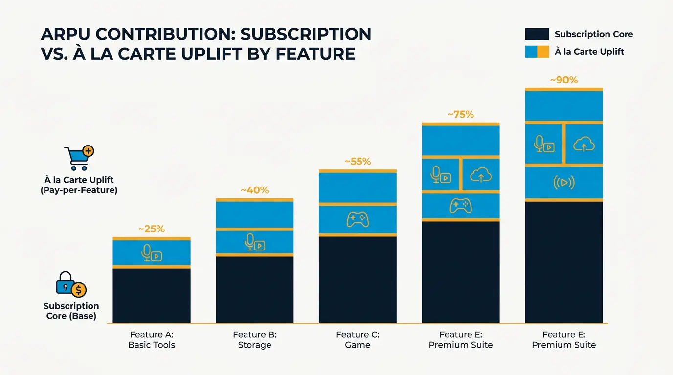 ARPU contribution stacked bar: subscription core vs à la carte uplift by feature.