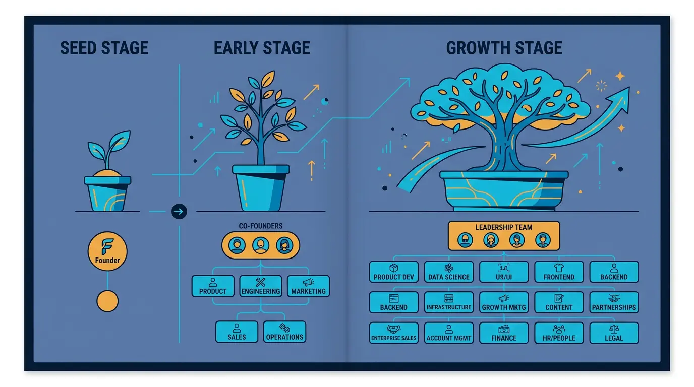 Growth stage table with team org chart at each milestone.