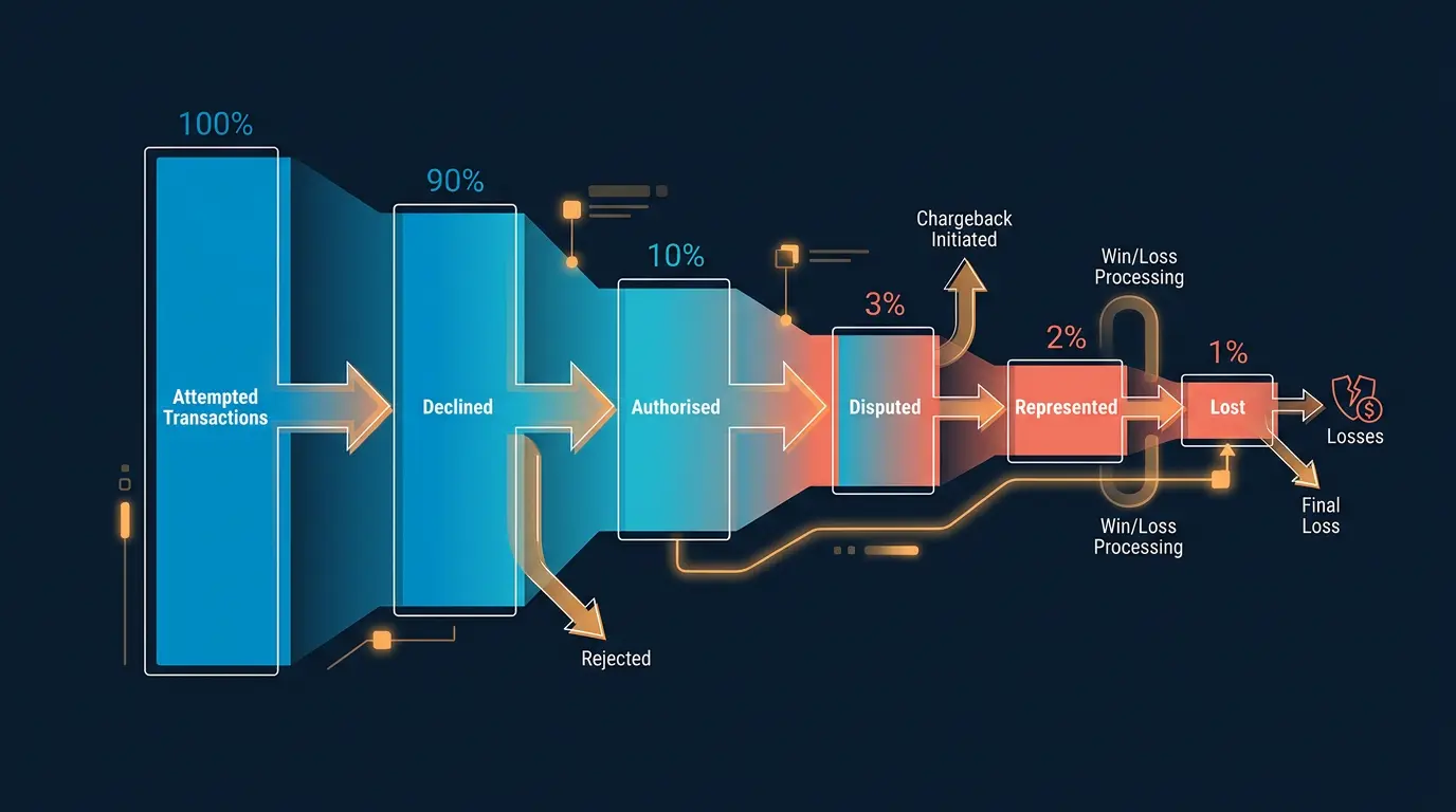 Chargeback funnel: attempted transactions -> declined -> authorised -> disputed -> represented -> lost.