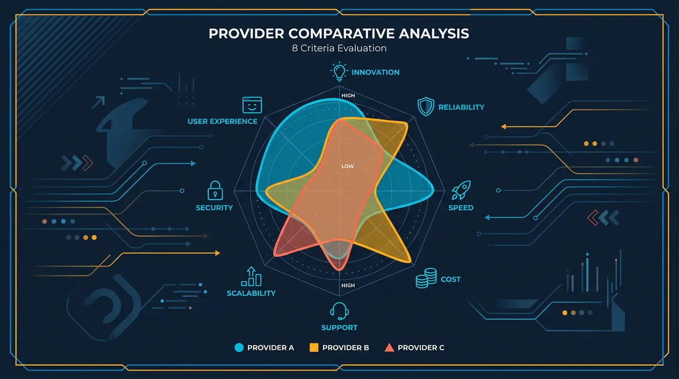 Radar chart comparing 3 providers across 8 criteria.