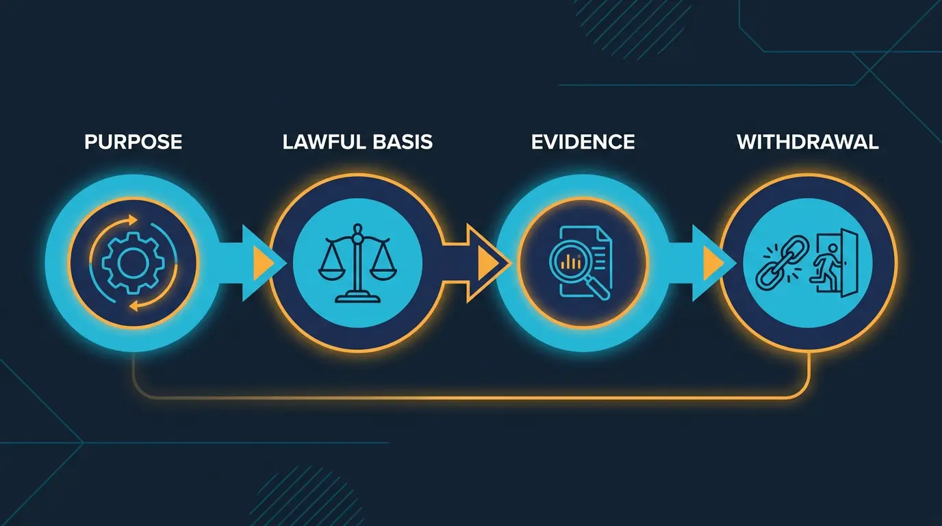 Consent architecture diagram: purpose -> lawful basis -> evidence -> withdrawal.