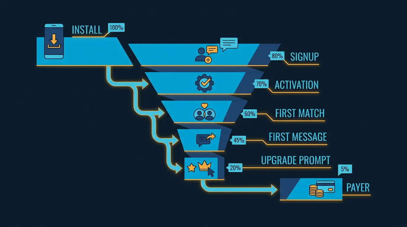 Funnel: install -> signup -> activation -> first match -> first message -> upgrade prompt -> payer.