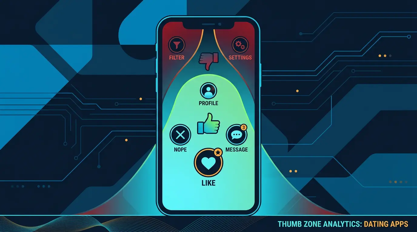 Thumb zone heatmap overlay on a phone silhouette, showing green (easy reach) and red (hard reach) zones.