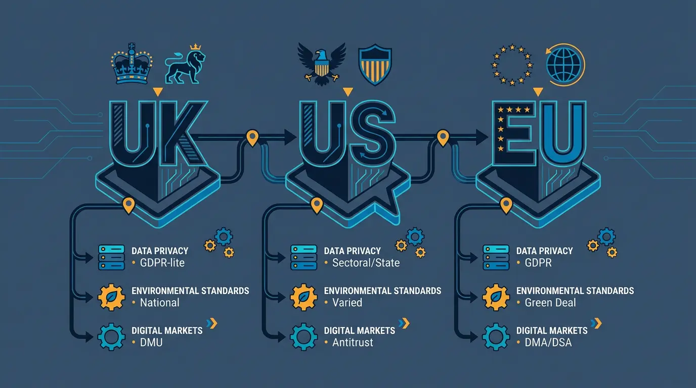Rule map comparing UK, US, EU on key points.