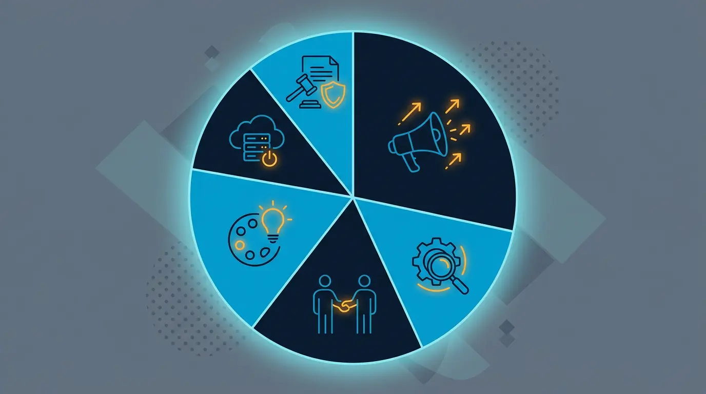 Expense category pie chart: typical dating affiliate cost split (ads, tools, creative, team, hosting, legal).