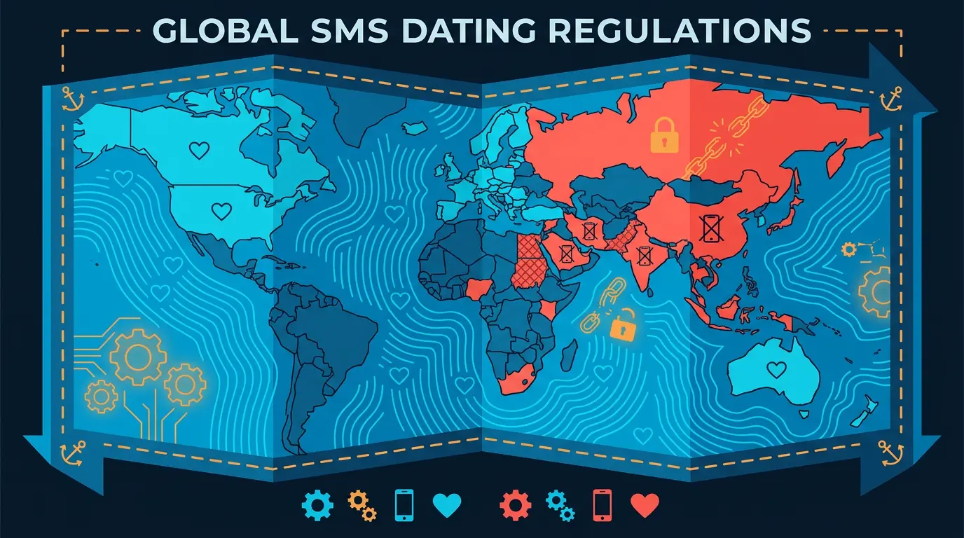 Legal flag map: countries with SMS dating restrictions in coral, open in cyan.