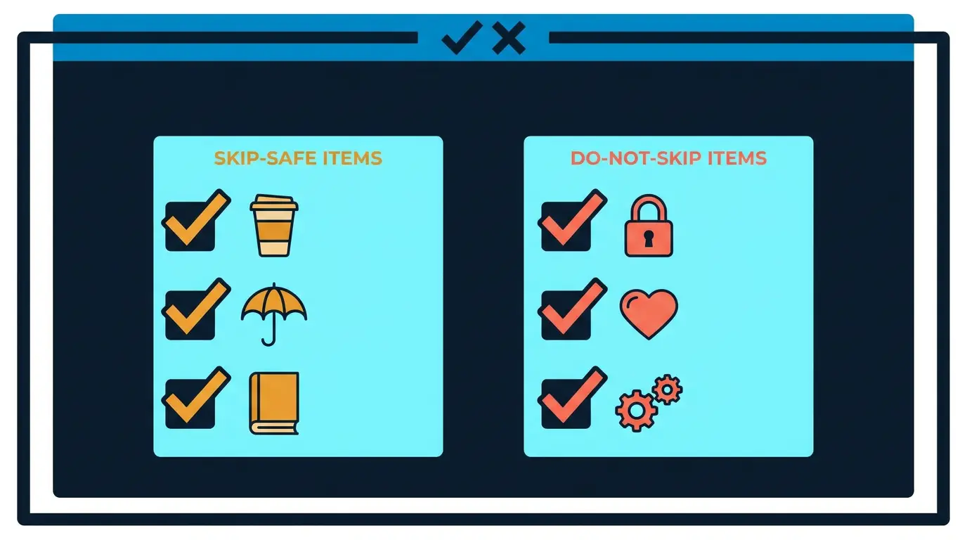Checklist graphic with "skip-safe" items in amber and "do-not-skip" items in coral.