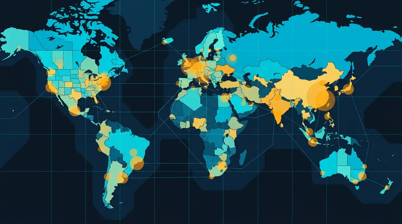 Network geo heatmap: cells shaded by network strength per country.