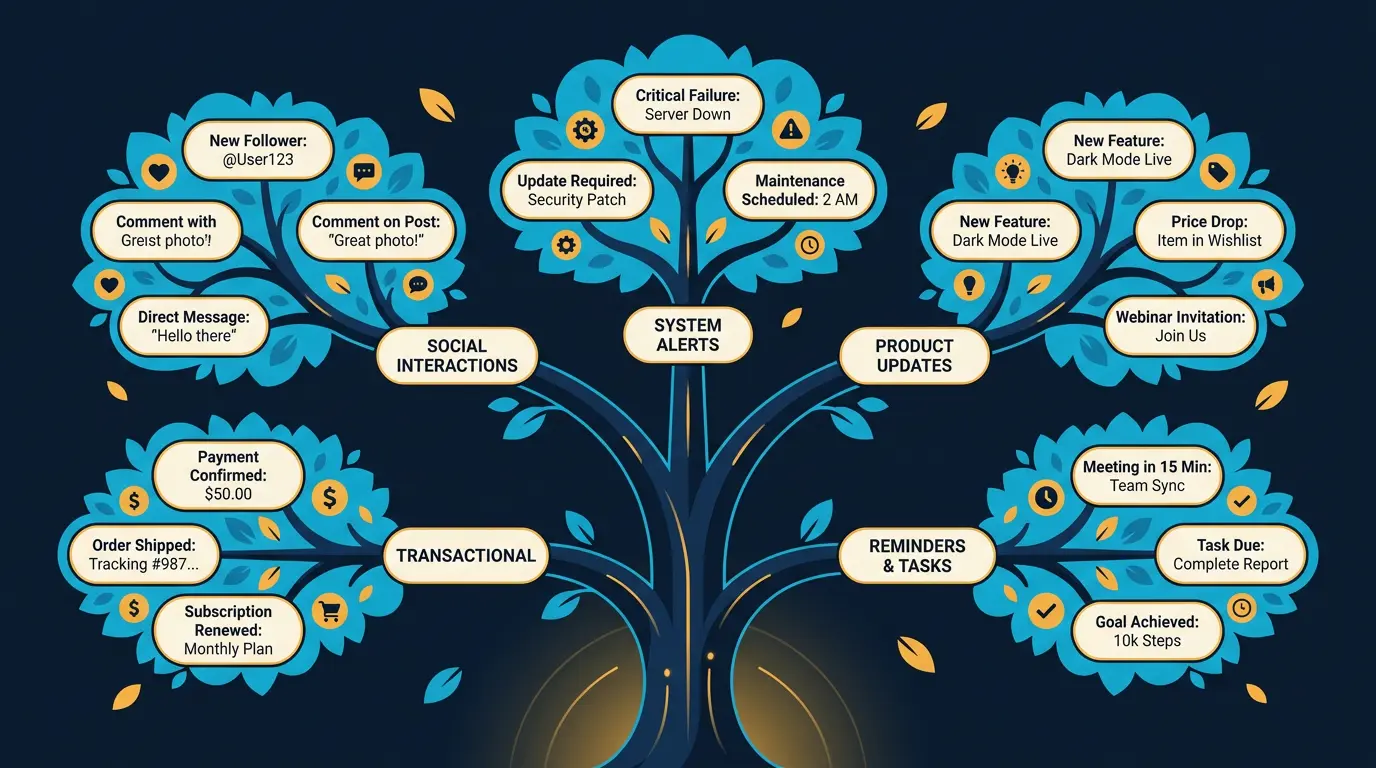Notification taxonomy tree: 5 types with sub variants.