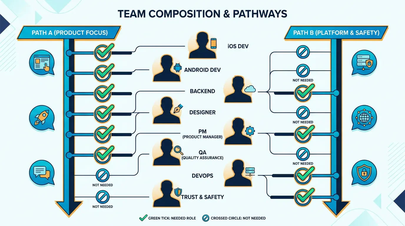 Team composition diagram showing 8 roles (iOS dev, Android dev, backend, designer, PM, QA, DevOps, trust and safety) with navy silhouettes, ticked green for ea…