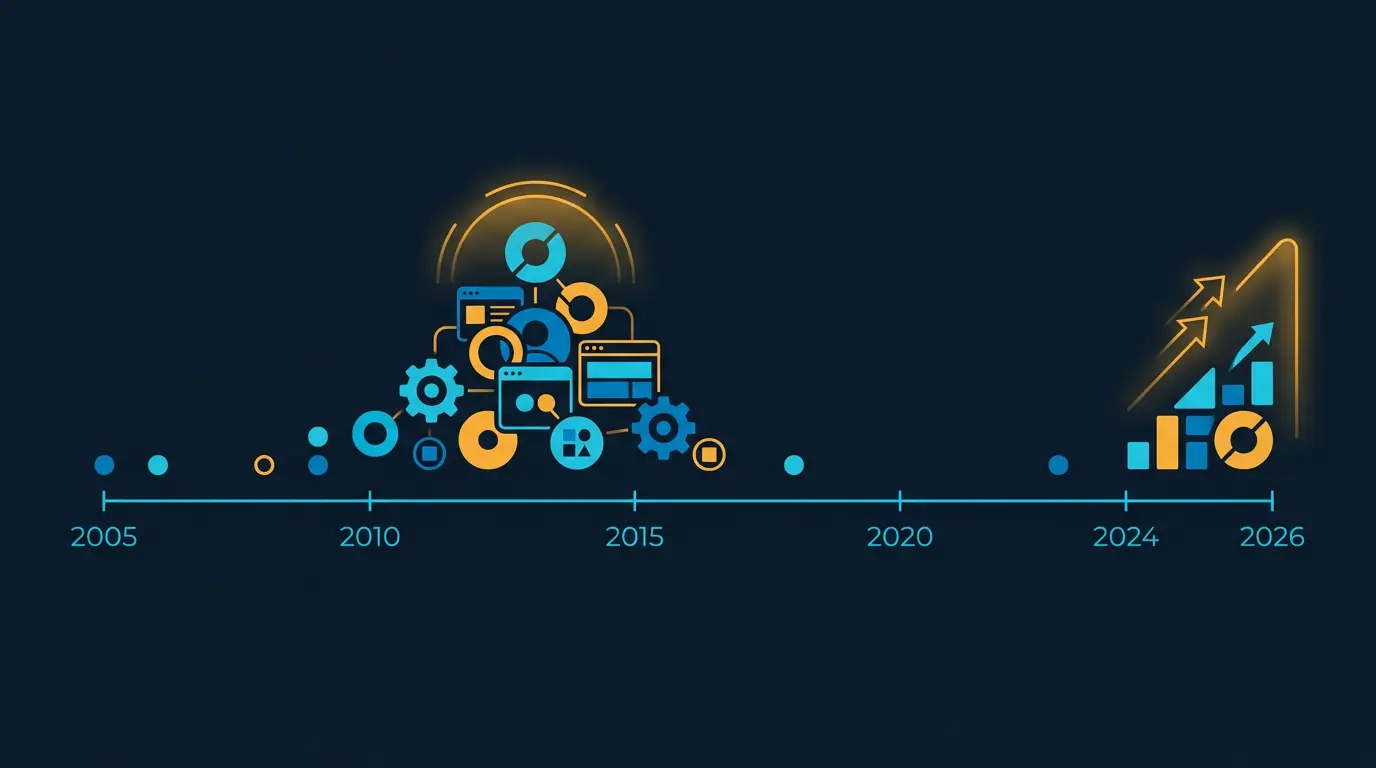 Horizontal timeline 2005-2026 with 25 example sites plotted at their launch dates, showing the clustering around 2010-2015 (Venntro heyday) and the post-2024 r…
