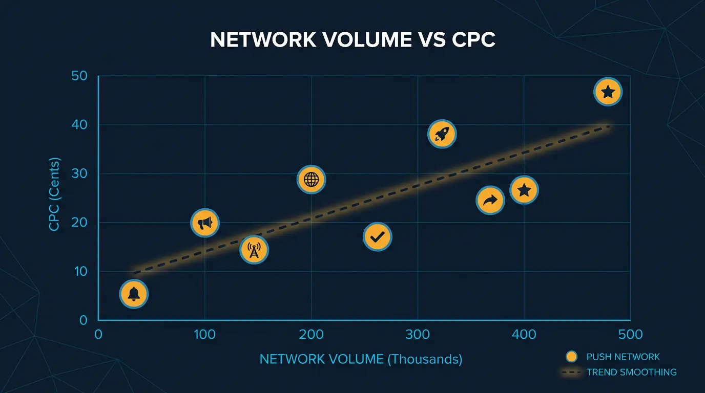 Network volume vs CPC scatter plot with 8 push networks placed.
