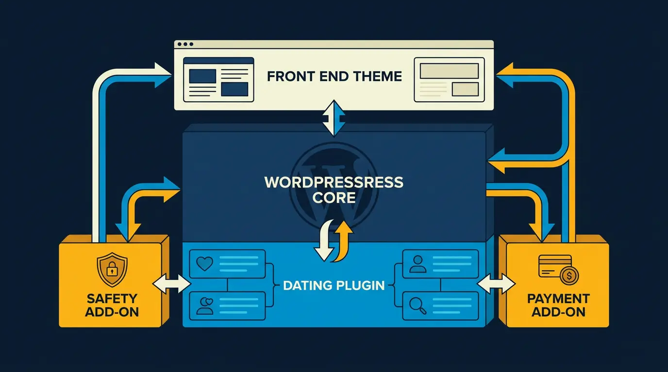 Plugin architecture diagram showing WordPress core in navy, dating plugin layer in cyan, safety and payment add ons in amber, front end theme in cream.
