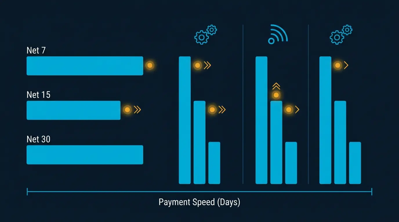Payment speed bar chart: Net 7 vs Net 15 vs Net 30 for each network.