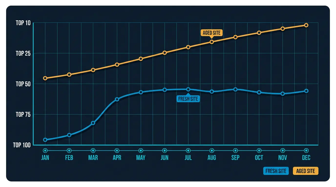 Ranking timeline chart: months on X, rank position on Y (top 100 to top 10).