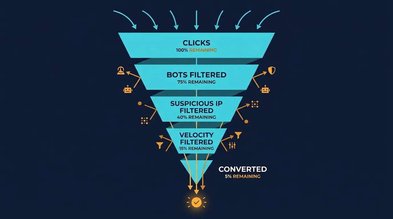 Fraud funnel: clicks -> bots filtered -> suspicious IP filtered -> velocity filtered -> converted.