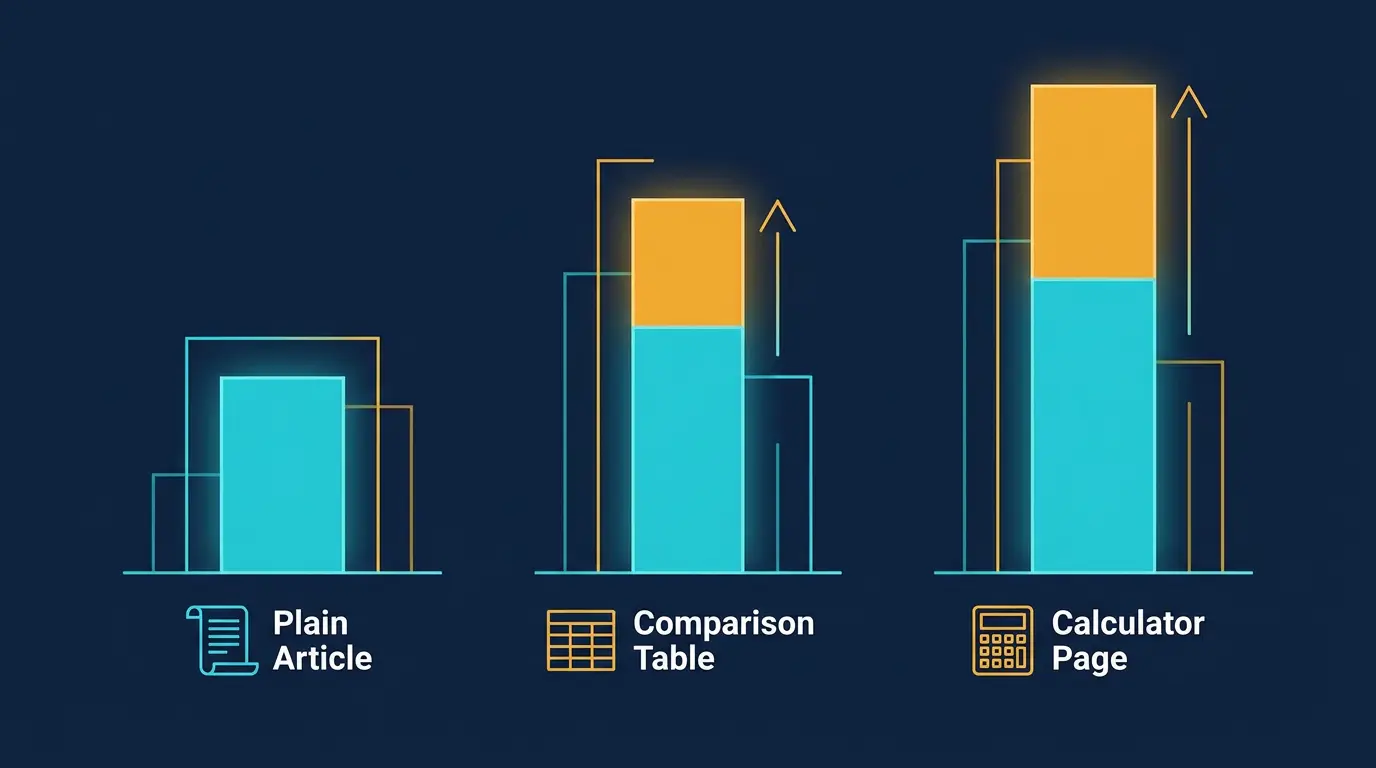 Conversion rate chart: plain article vs comparison table vs calculator page.