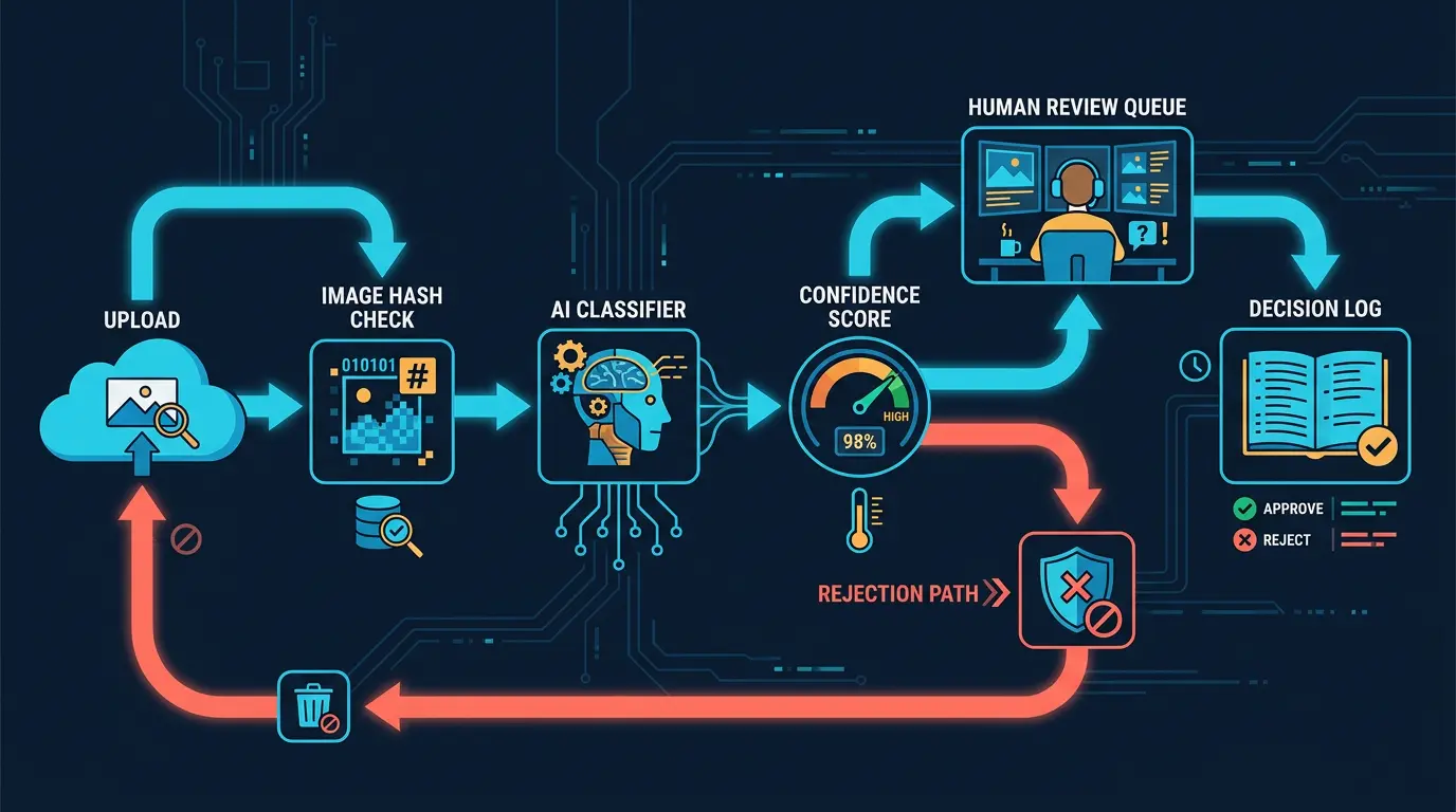 Flow diagram of AI moderation pipeline: upload -> image hash check -> AI classifier -> confidence score -> human review queue -> decision log.