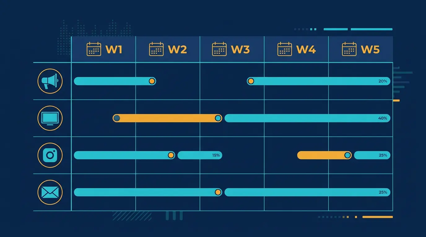 Week-by-week execution calendar showing which channels run in which week with budget allocation per channel.