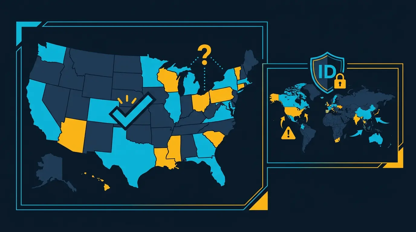 State and country map with age verification status.