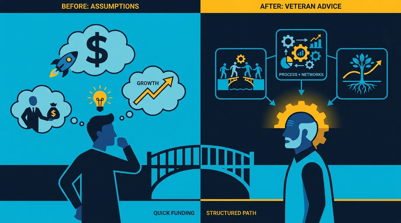 Before/after graphic showing typical first-time founder assumptions vs post-Venntro veteran's actual advice.