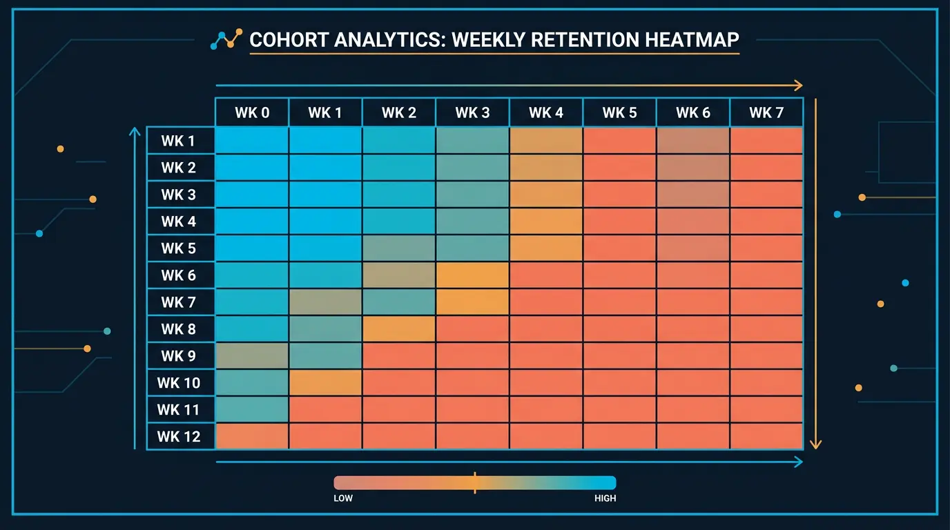 Cohort heatmap showing 12 weekly cohorts on Y, 8 weeks on X.