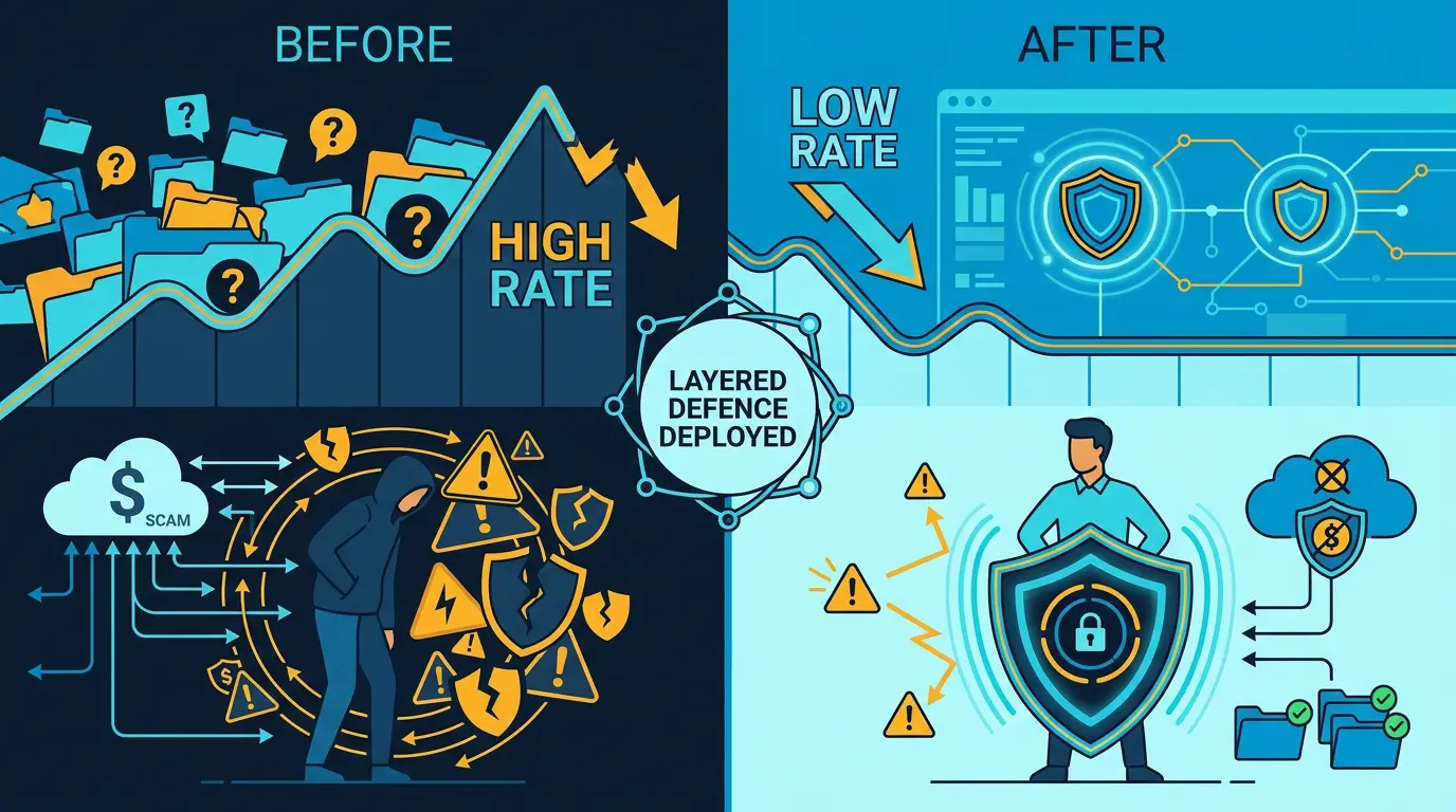 Before/after scam report rate after layered defence deployed.