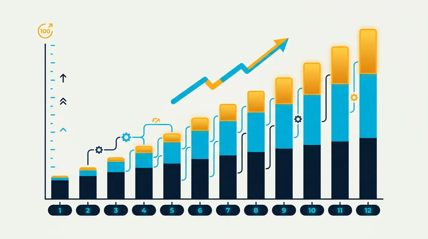 Cohort revenue table: month 1 to month 12 per 100 referrals, showing gradual compounding.