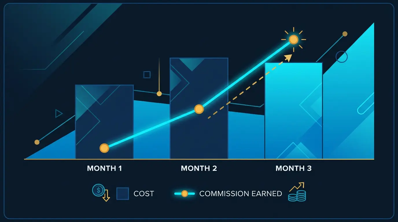 Investment vs return chart: bars for cost in month 1, 2, 3, overlaid with line chart for commission earned.