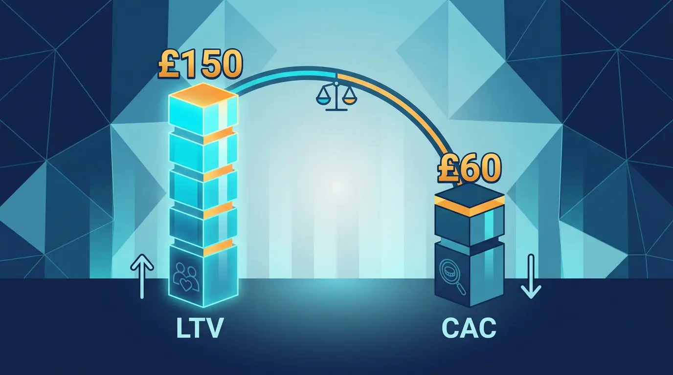 LTV vs CAC chart example showing a viable dating site model with £150 LTV and £60 CAC.