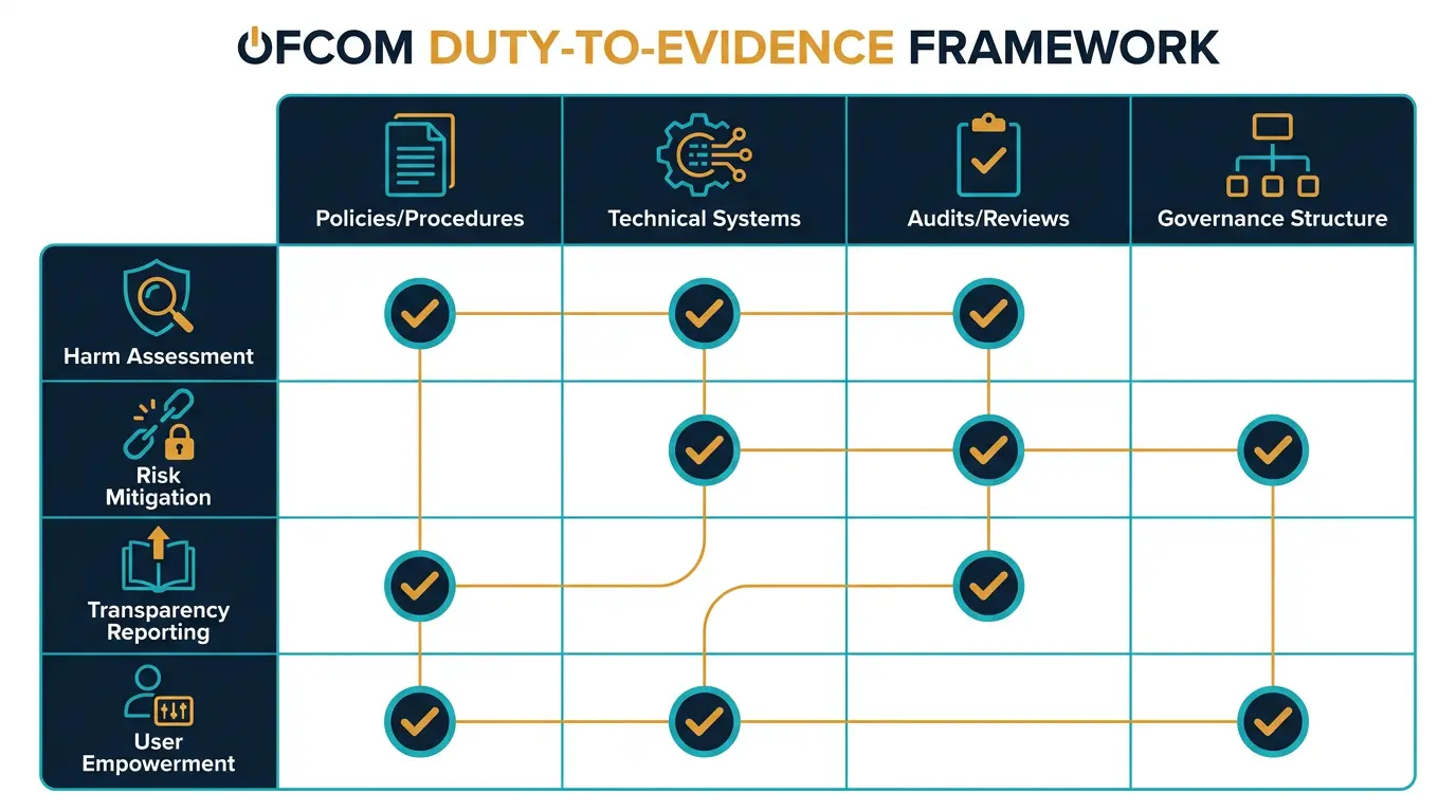 Duty-to-evidence matrix showing what documentation Ofcom expects per duty.
