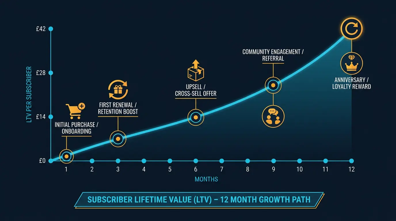 Subscriber LTV chart over 12 months: curve from 0 to £42 per subscriber with annotations on triggers.